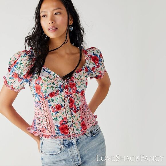 LoveShackFancy Tops - LoveShackFancy **NWT** Bryant Ruffle Trim Button Front Top in Rush of Red Floral